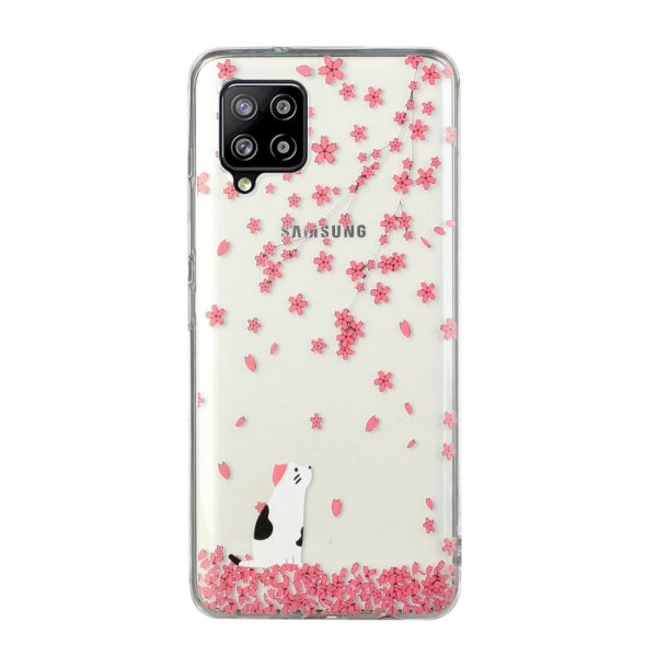 Samsung Galaxy A12 Skal Motiv Katt och Blomma