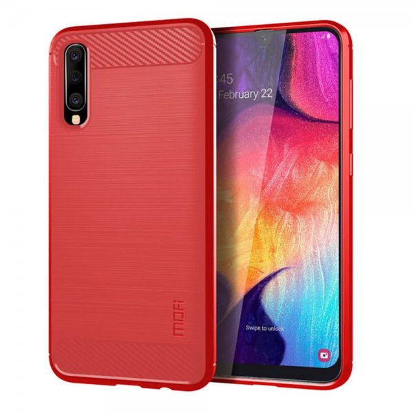 Samsung Galaxy A50 Skal Borstad Kolfibertextur TPU Röd