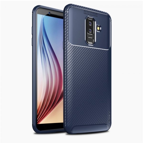Samsung Galaxy A6 Plus 2018 Mobilskal TPU Kolfibertextur Blå