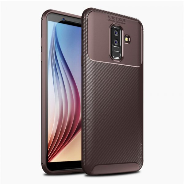Samsung Galaxy A6 Plus 2018 Mobilskal TPU Kolfibertextur Brun