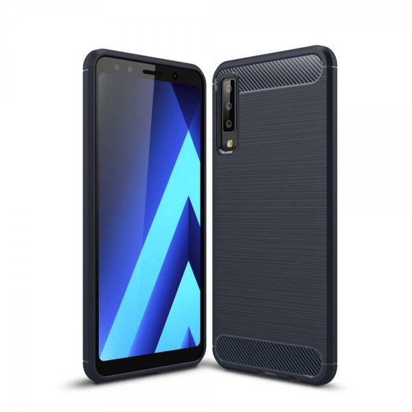 Samsung Galaxy A7 2018 Skal TPU Borstad och Kolfiber Design Mörkblå