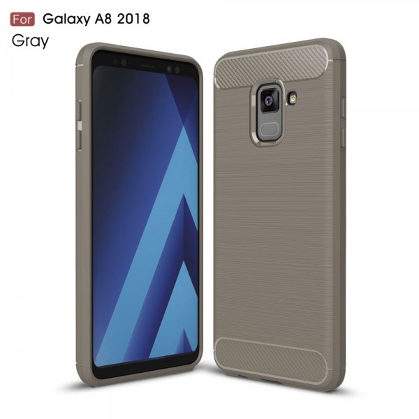 Samsung Galaxy A8 2018 Skal TPU Borstad och Kolfiber Design Grå