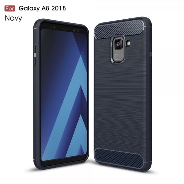 Samsung Galaxy A8 2018 Skal TPU Borstad och Kolfiber Design Mörkblå
