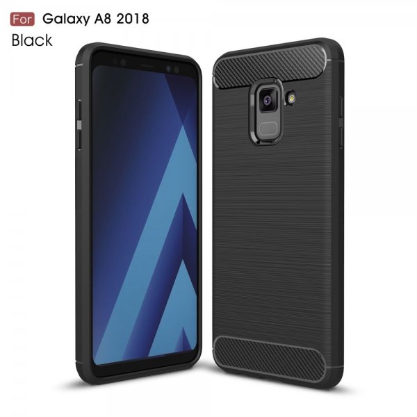 Samsung Galaxy A8 2018 Skal TPU Borstad och Kolfiber Design Svart
