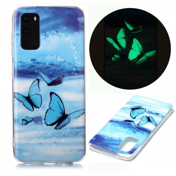 Samsung Galaxy S20 Skal Självlysande Motiv Blåa Fjärilar