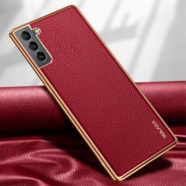 Samsung Galaxy S21 Plus Skal Litchimönster Pläterad Kant Röd