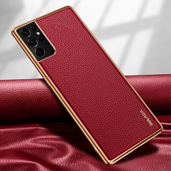 Samsung Galaxy S21 Ultra Skal Litchimönster Pläterad Kant Röd