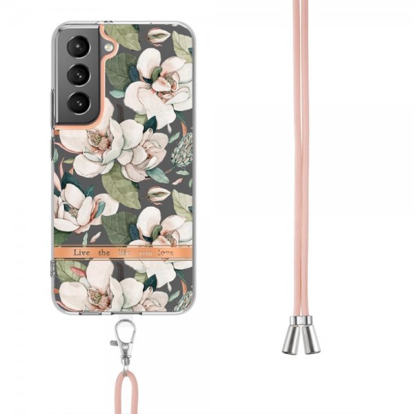 Samsung Galaxy S22 Plus Skal Blommönster med Strap Grön Gardenia
