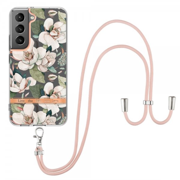 Samsung Galaxy S22 Skal Blommönster med Strap Grön Gardenia