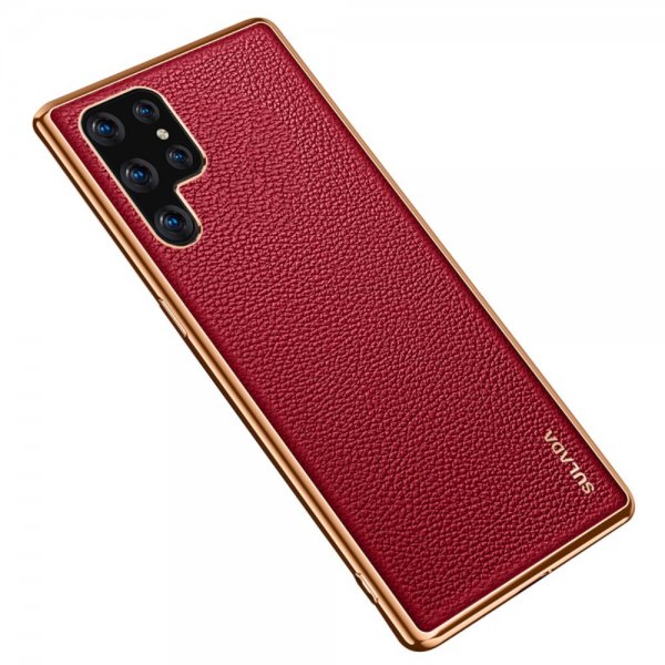 Samsung Galaxy S22 Ultra Skal Litchimönster Pläterad Kant Röd