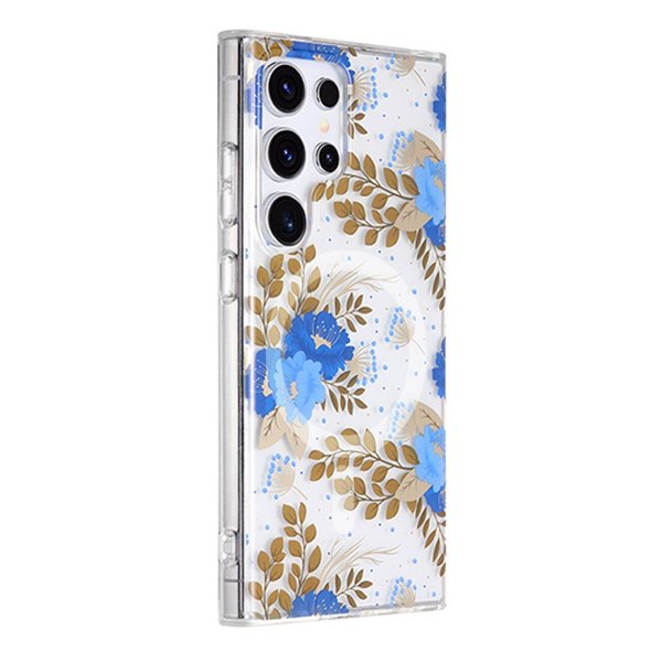 Samsung Galaxy S23 Ultra Skal Blommönster MagSafe Blå Guld