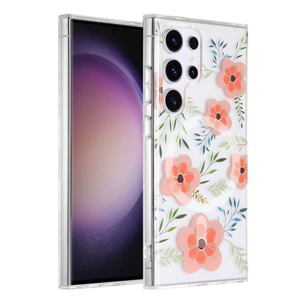 Samsung Galaxy S23 Ultra Skal Blommönster MagSafe Rosa