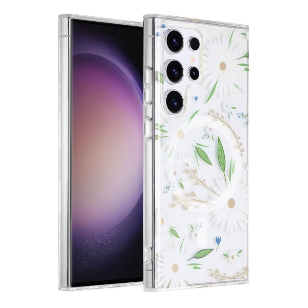 Samsung Galaxy S23 Ultra Skal Blommönster MagSafe Vit