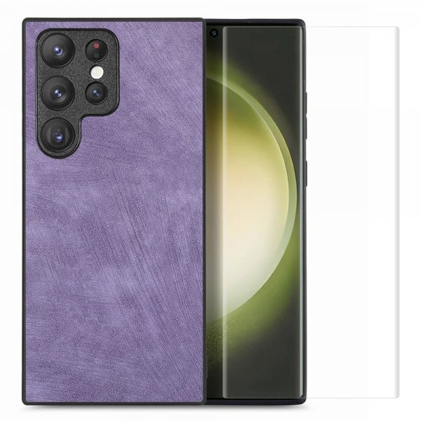 Samsung Galaxy S23 Ultra Skal med Skärmskydd Lädertextur Lila