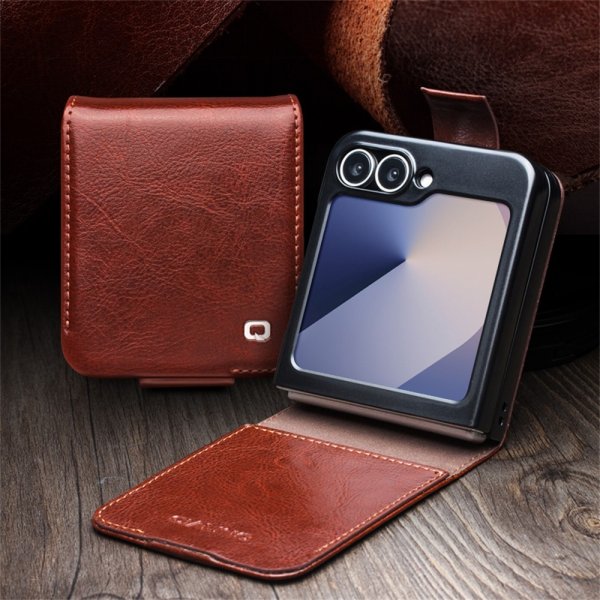 Samsung Galaxy Z Flip 6/Flip 7 FE Fodral Äkta Läder med Flärp Brun