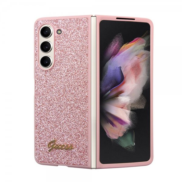 Samsung Galaxy Z Fold 5 Skal Glitter Flakes Metal Logo Rosa