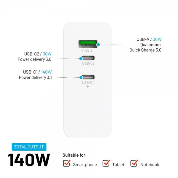 Skrivbordsladdare GaN140 Charging Dock 2xUSB-C & 1xUSB-A