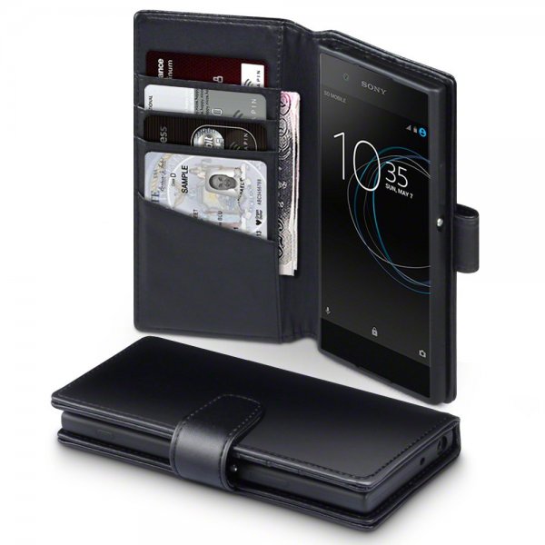 Sony Xperia XA1 Plånboksfodral Äkta Läder Svart