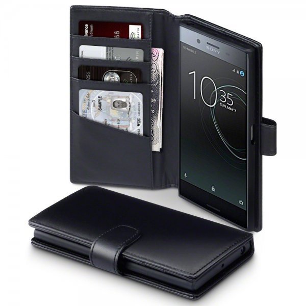 Sony Xperia XZ Premium Plånboksfodral Äkta Läder Svart