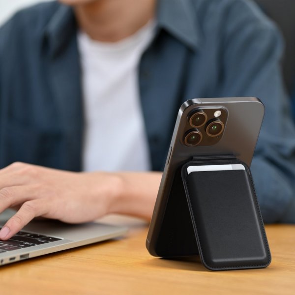 Korthållare Vegan-Leather Magnetic Wallet Stand Svart