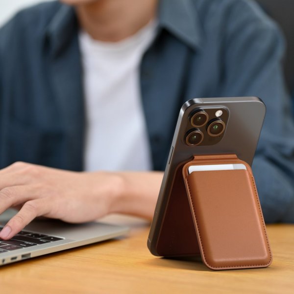 Korthållare Vegan-Leather Magnetic Wallet Stand Brun
