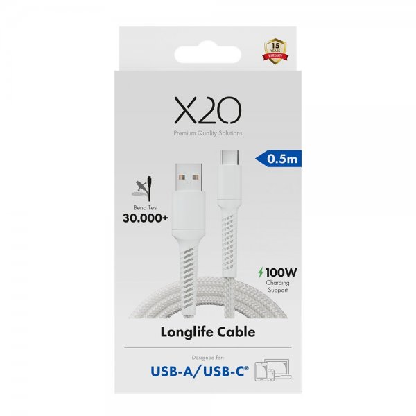 USB-A till USB-C Kabel Longlife 60W 0.5m Vit