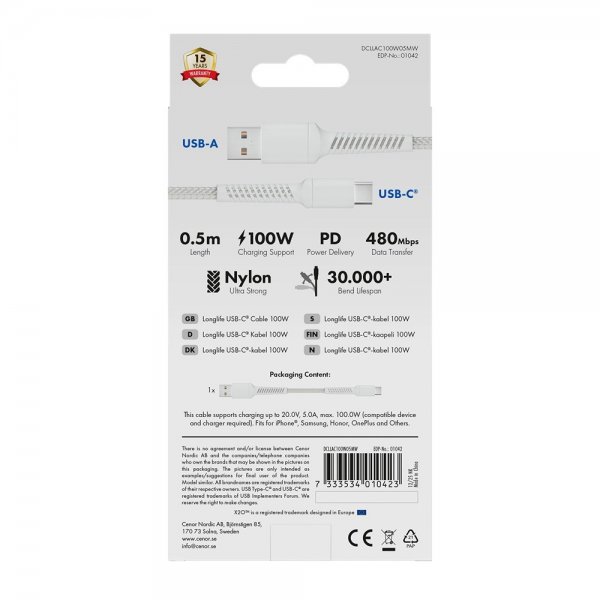 USB-A till USB-C Kabel Longlife 60W 0.5m Vit