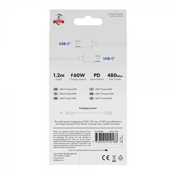 USB-C till USB-C Kabel Basic 60W 1.2m Vit