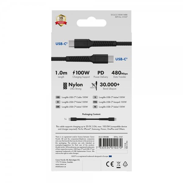 USB-C till USB-C Kabel Longlife 100W 1m Svart