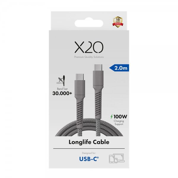 USB-C till USB-C Kabel Longlife 100W 2m Grå