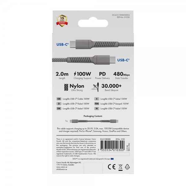 USB-C till USB-C Kabel Longlife 100W 2m Grå