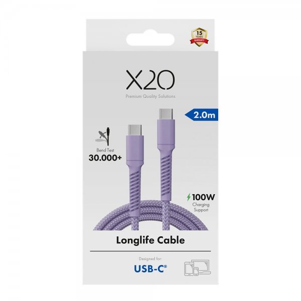 USB-C till USB-C Kabel Longlife 100W 2m Lila