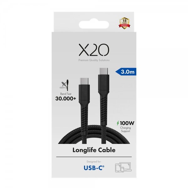 USB-C till USB-C Kabel Longlife 100W 3m Svart