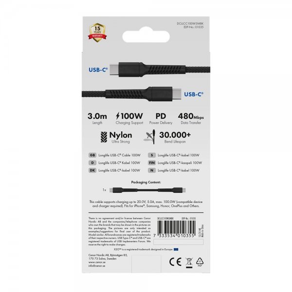 USB-C till USB-C Kabel Longlife 100W 3m Svart