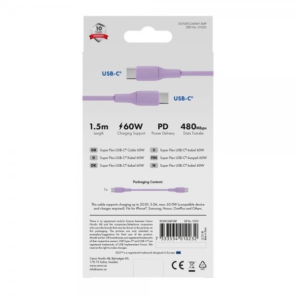 USB-C till USB-C Kabel Superflex 60W 1.5m Rosa