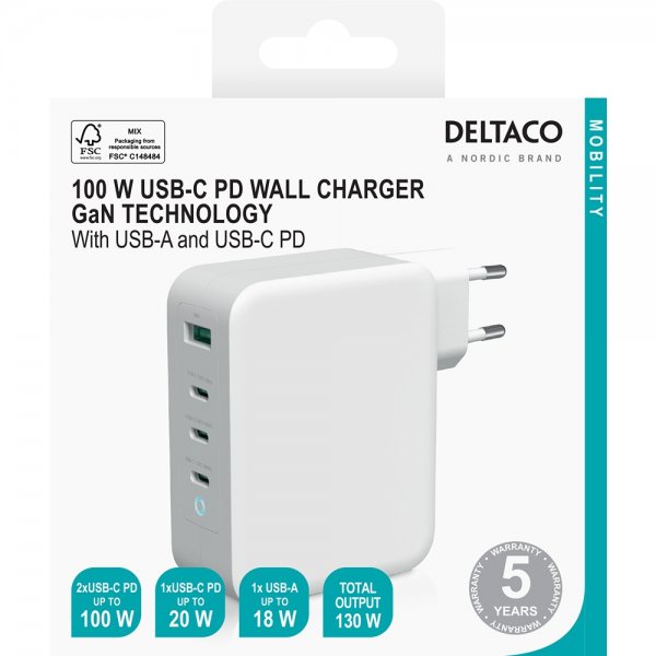 Väggladdare 3xUSB-C och 1xUSB-A GaN 100W